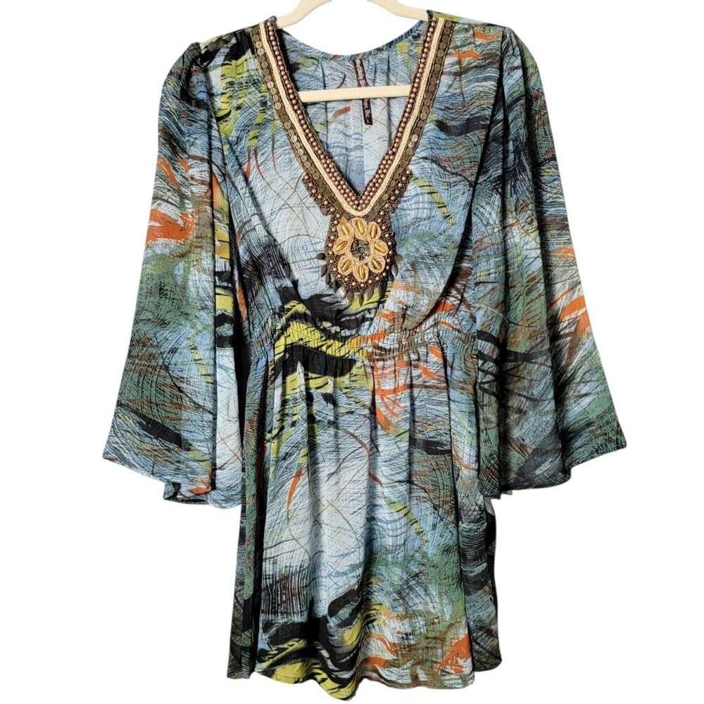 Mushka by Sienna Rose Womens Y2K Abstract Fairy Gypsy Embellished Kimono Top L